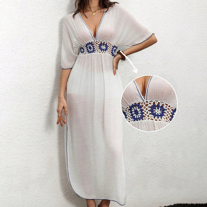 Cover Up Dress | White Midi Kaftan with Blue Floral Detail | noémi