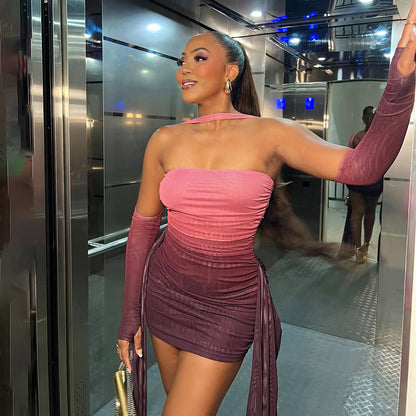 Mesh Sleeve Bodycon Dress | Bandeau Halter Finger Fit Design with Ribbon Detail | noémi