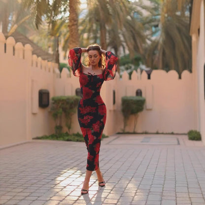 Floral Off Shoulder Slim Fit Dress With Tea Length Hem | noémi