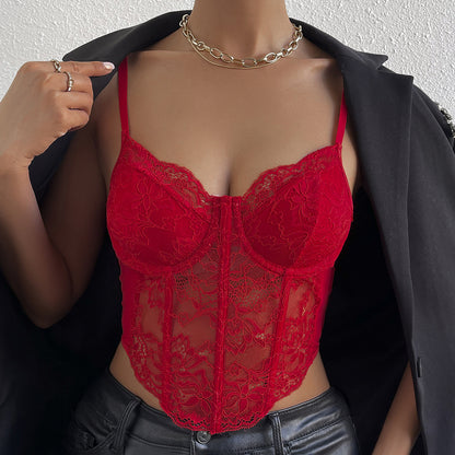 Lace Boned Corset Top for Women | Sheer Mesh Bustier with Steel Ring Support, Adjustable Straps | noémi