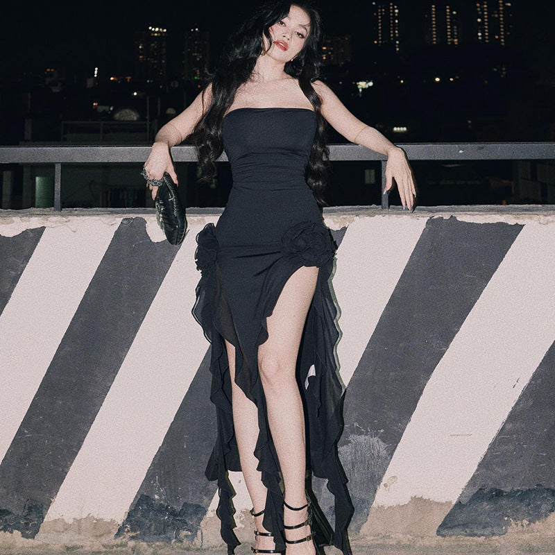 Wrapped Chest Lace Stitch Mid Length Split Dress | noémi