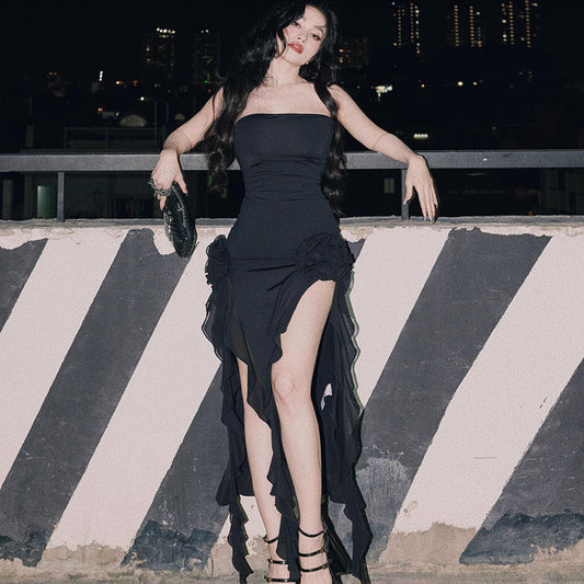 Wrapped Chest Lace Stitch Mid Length Split Dress | noémi