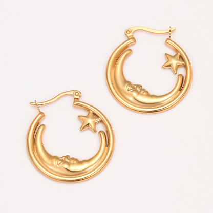 Retro Star Hoop Earrings | Gold Stainless Steel, Hollow Out Cutout Design | noémi