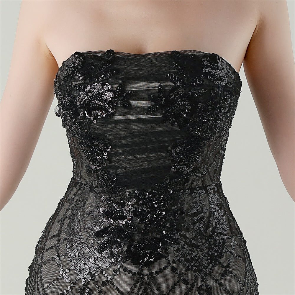 Strapless Beaded Sequin Mesh Dress | Cross Strap Floral Cocktail | noémi