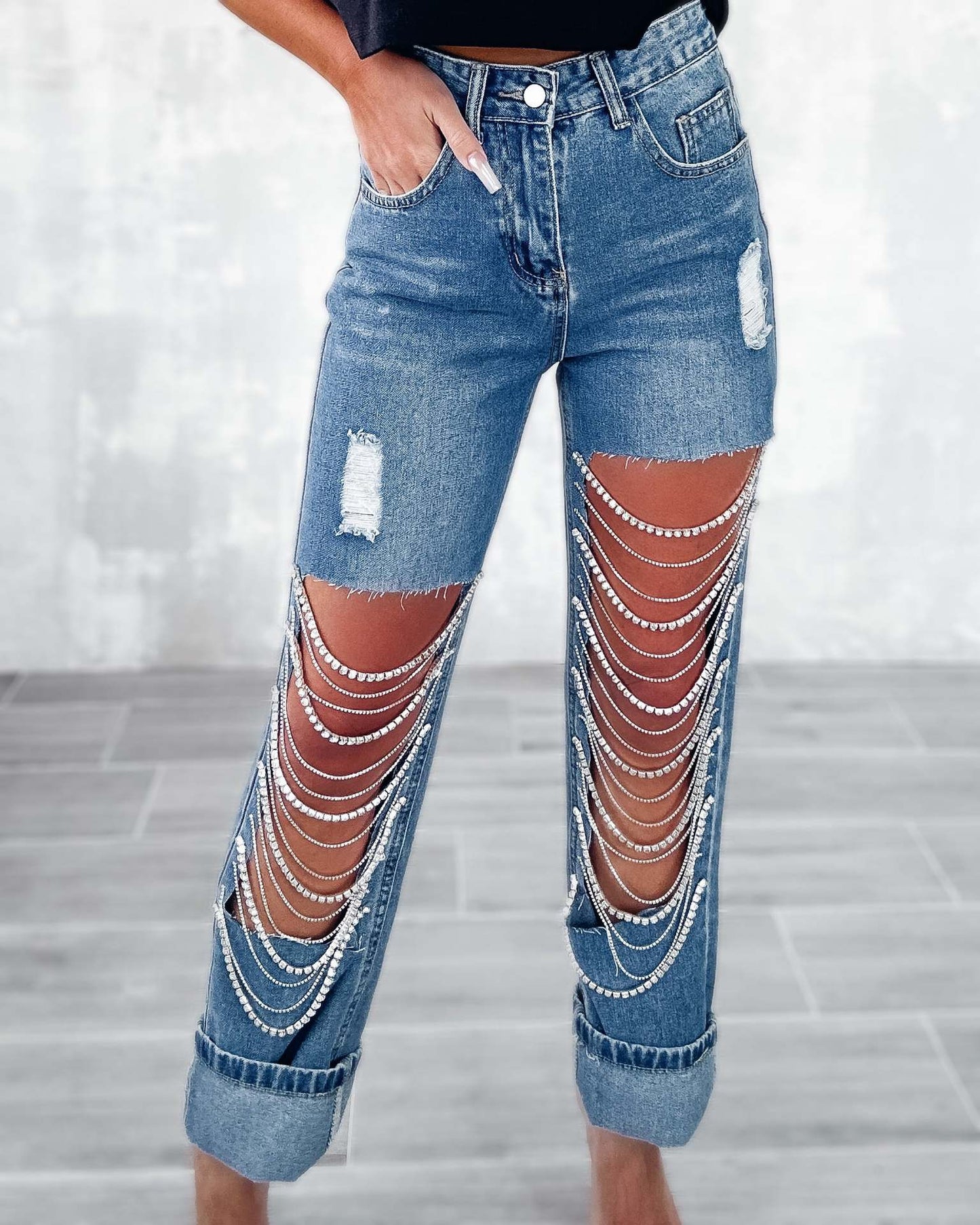 Ripped Straight Leg Jeans | Chain Detail | High Waisted Distressed Denim | noémi