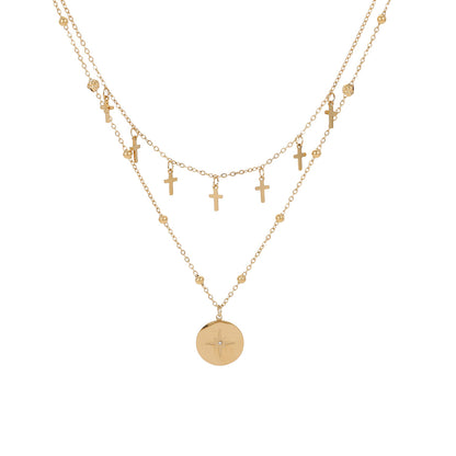 Retro Double Layer Cross & Star Pendant Necklace | Stainless Steel, Gold & Silver | noémi
