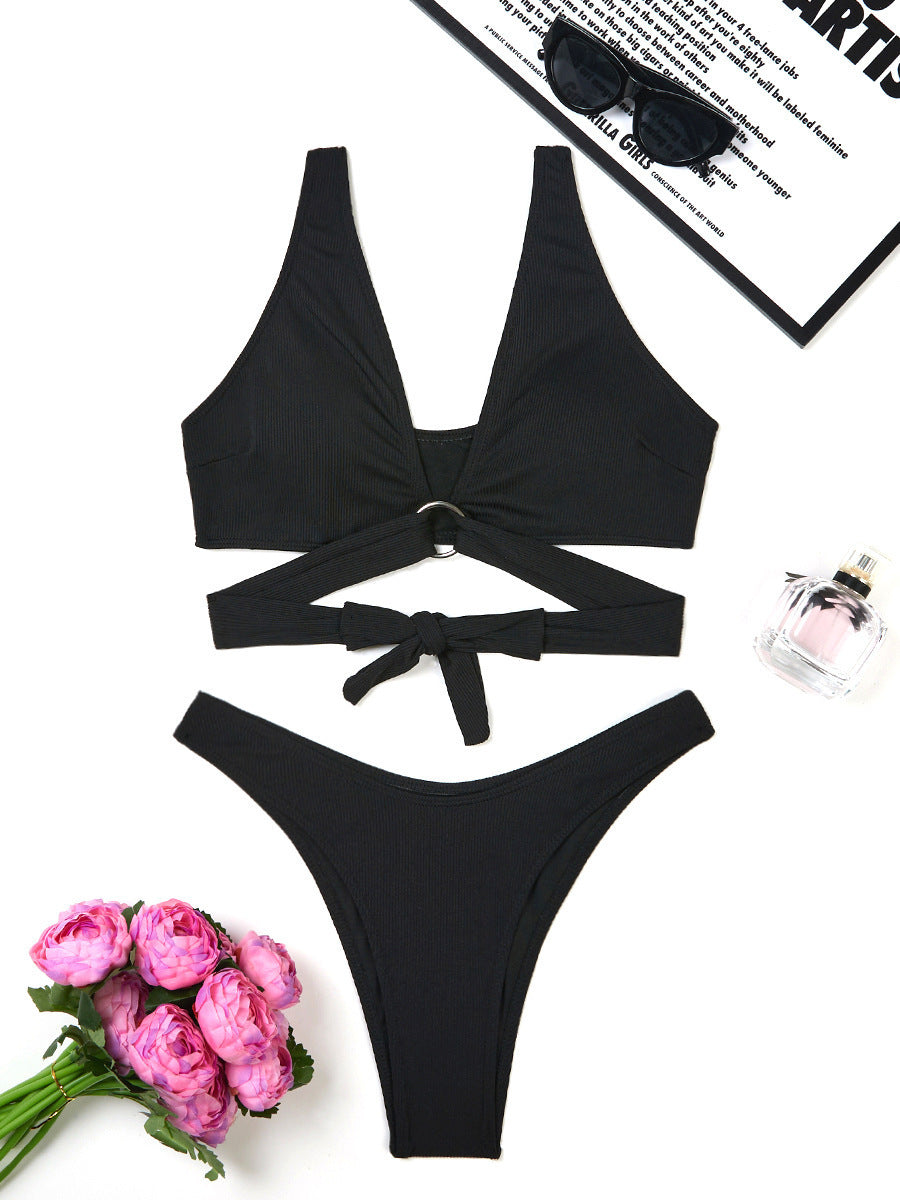 Ring Detail Three Point Bikini Set with Sunken Stripe Texture for Women | noémi