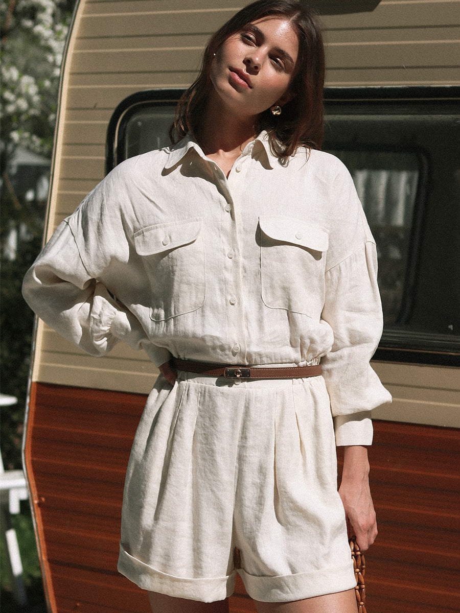 Cotton Linen Long Sleeve Shorts Jumpsuit | noémi