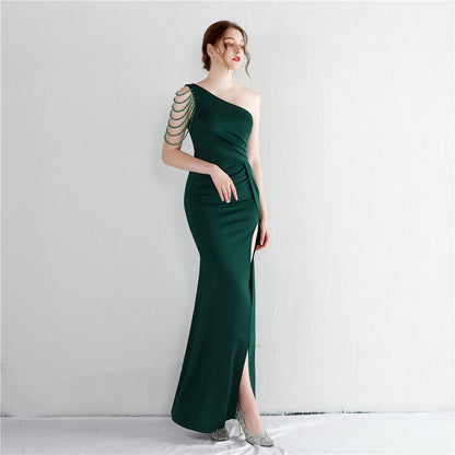 Satin Beaded One Shoulder Fishtail Gown | Slim Fit Slit Maxi Dress | noémi
