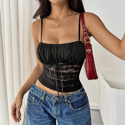 Black Ruched Lace Corset Crop Top | Adjustable Spaghetti Straps, Sheer Waist Camisole | noémi