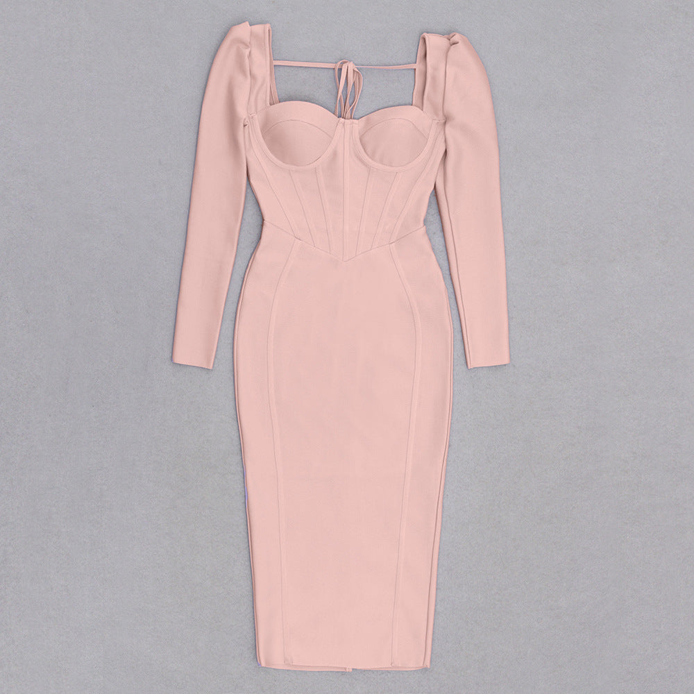 Square Neck Long Sleeve Bandage Dress | Slim Fit One Piece with Hip Length Hem | noémi