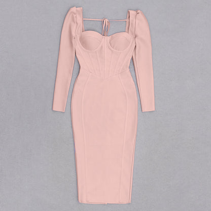 Square Neck Long Sleeve Bandage Dress | Slim Fit One Piece with Hip Length Hem | noémi