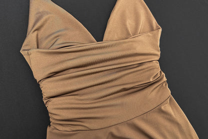 Deep V Halter Dress with Lace Up Back | Pleated Hem Design | noémi