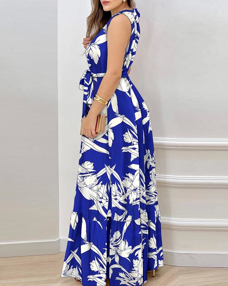 Retro Printed Halter Maxi Dress with Round Neck | noémi