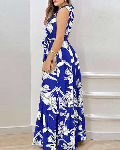 Retro Printed Halter Maxi Dress with Round Neck | noémi