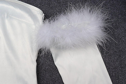 White Furry Tube Dress | Off Shoulder Mini with Gloves | noémi