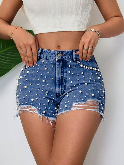 Belted Pearl Embellished Denim Shorts for Women | noémi