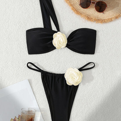 White One Shoulder Bikini with Three Dimensional Floral Detail for Women | noémi