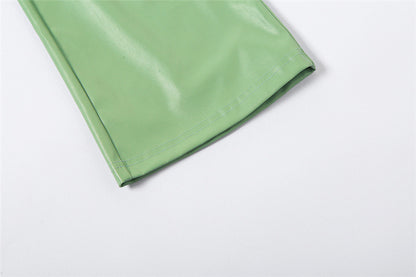 Womens Faux Leather Two Piece Set | Collar Crop Vest High Waist Straight Leg | noémi