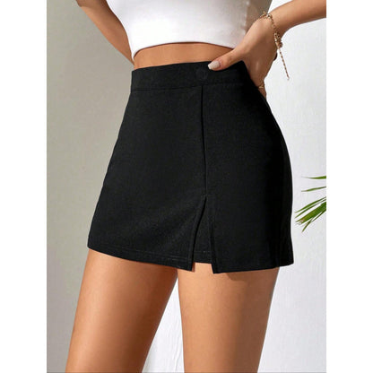 Women's Black High Waisted Skort | Chic Mini Skirt Shorts with Front Slit & Hidden Zipper | noémi
