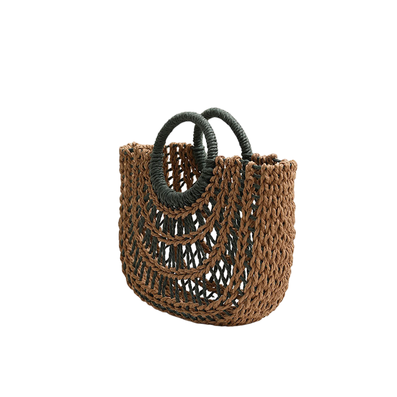 Straw Half-Moon Tote Bag – Hollow-Out Weave, Round Handle, Natural/Coffee | noémi