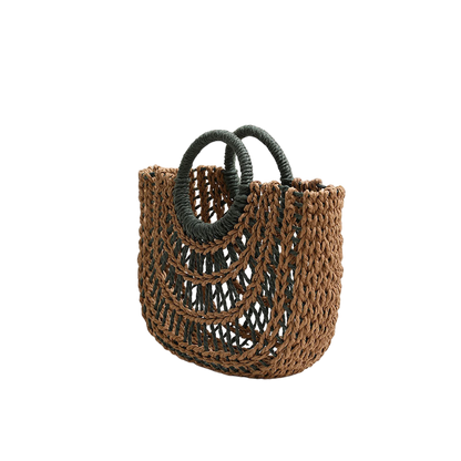 Straw Half-Moon Tote Bag – Hollow-Out Weave, Round Handle, Natural/Coffee | noémi