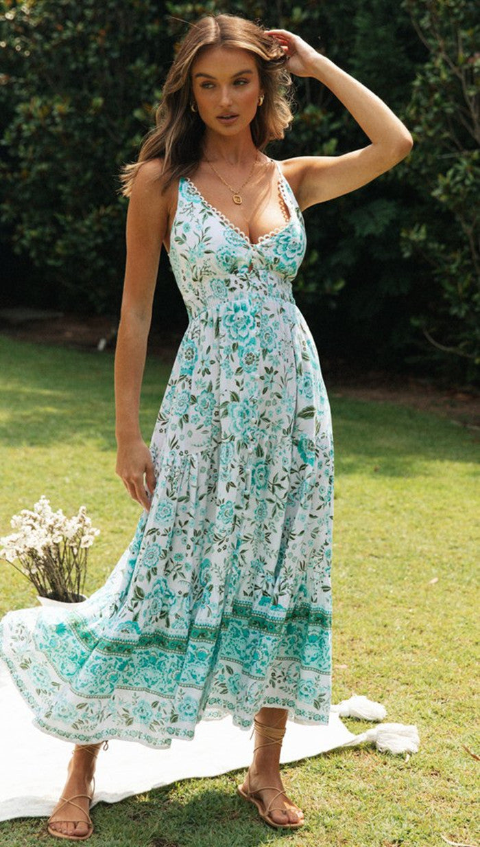 Womens Floral Maxi Dress | V Neck, Backless Lace Up | noémi