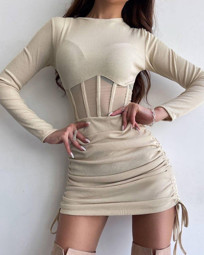 Mesh Hollow Out Waist Cutout Dress | Long Sleeve Pleated Mini Dress for women | noémi