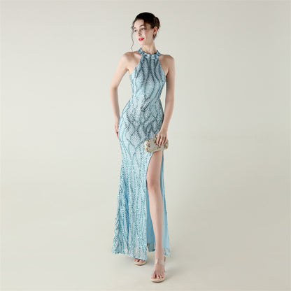 Womens Beaded Sequin Mesh Dress | Strapless Fishtail Maxi Dress | noémi