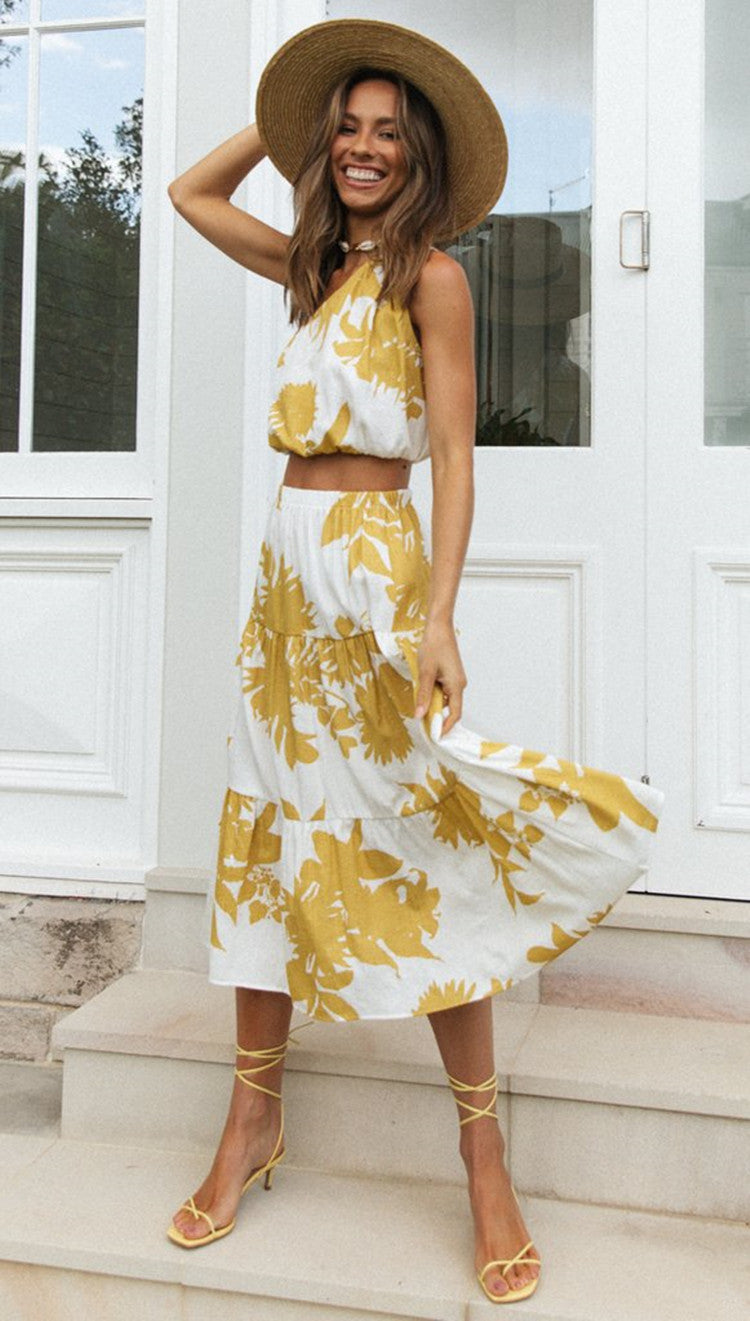 Womens Two Piece Summer Set | Diagonal Collar Crop Top, Large Swing Skirt | noémi