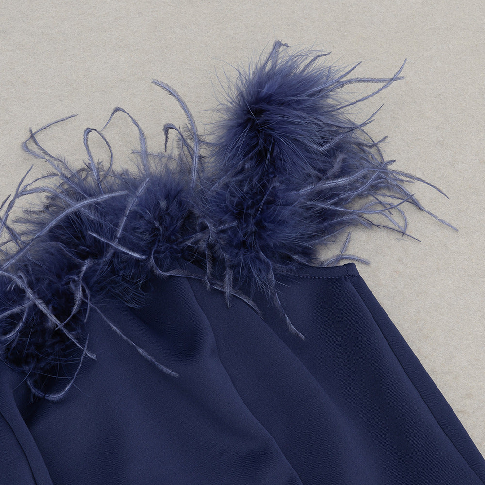 Womens Off Shoulder Ruffled Maxi Dress | Slim Fit, Feather Trim Detail | noémi