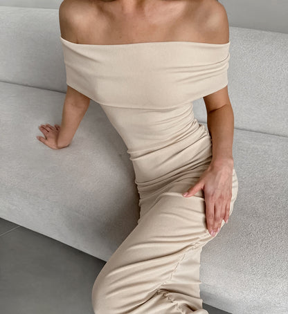 Women Off Shoulder Tube Top Long Slim Fit Dress with Warm Dralon Fabric | noémi