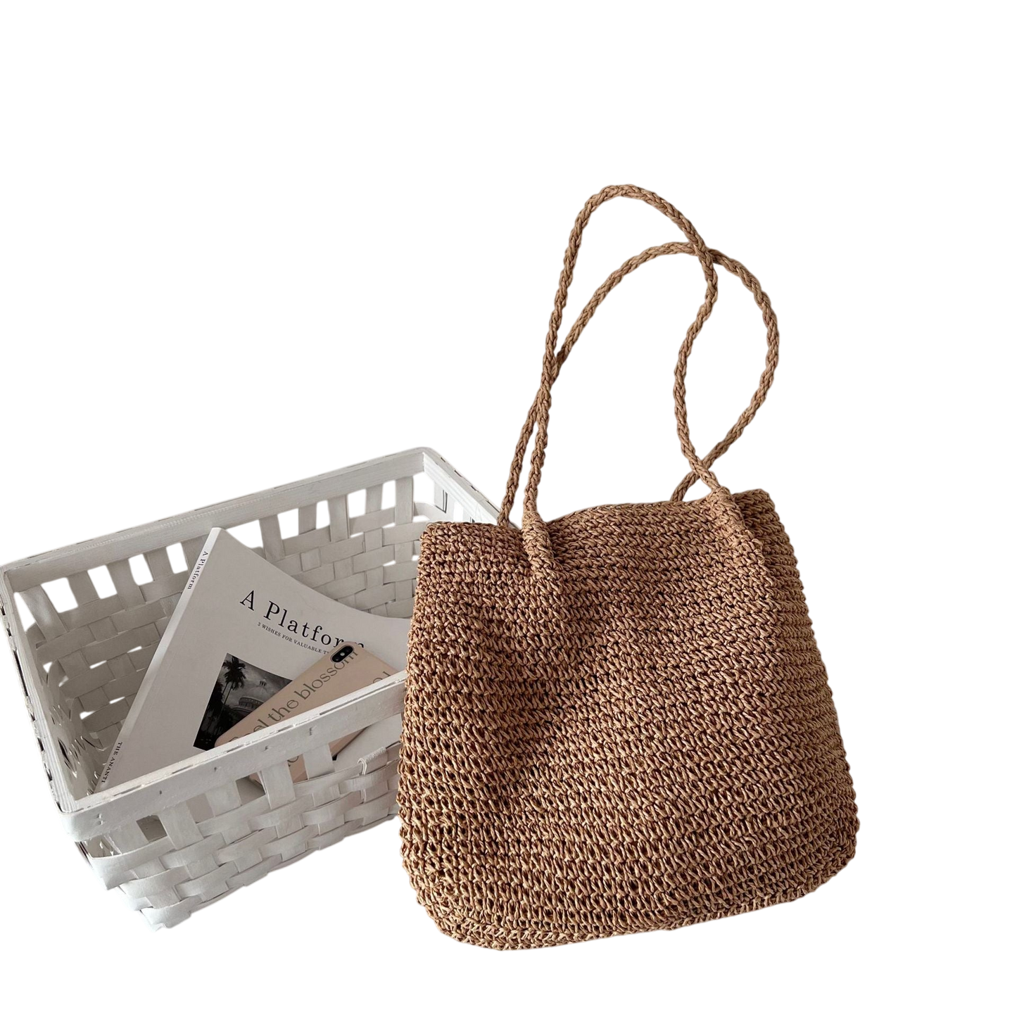Large-Capacity Straw Shoulder Tote Bag – Rattan-Weave Beach Carryall, Brown | noémi