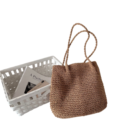 Large-Capacity Straw Shoulder Tote Bag – Rattan-Weave Beach Carryall, Brown | noémi