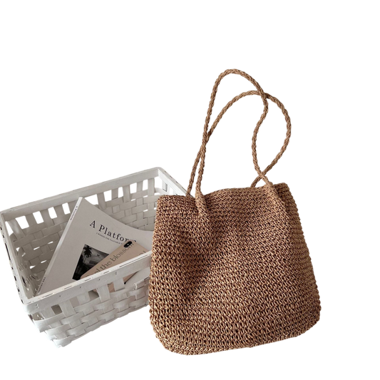 Large-Capacity Straw Shoulder Tote Bag – Rattan-Weave Beach Carryall, Brown | noémi
