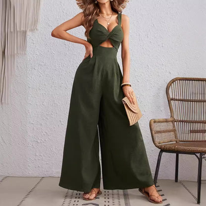 Olive Green Wide Leg Cutout Jumpsuit | Sleeveless Summer Sling Style | noémi