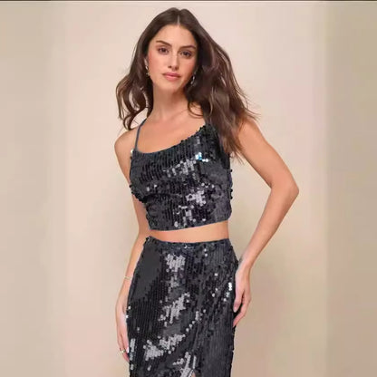 Women’s Sequin Two Piece Set | Lace Up Back Crop Top & Long Skirt | noémi