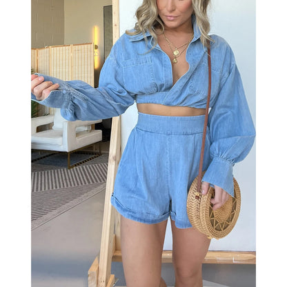Womens Denim Shirt Shorts Set | Deep V Plunge Long Sleeve | noémi
