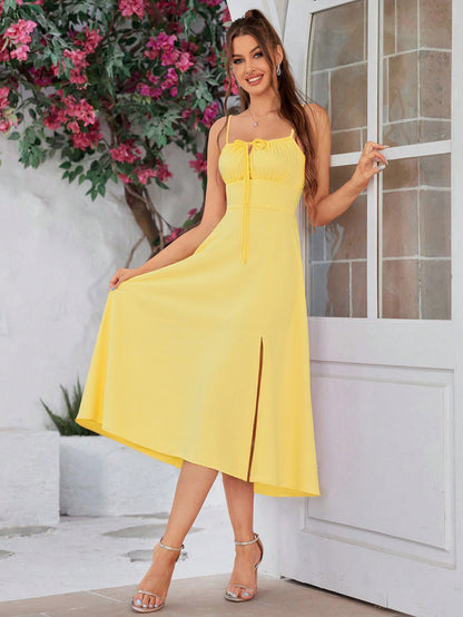 Yellow Slit Maxi Dress | Slim Fit, Neckline, Spaghetti Straps | High Waist Sundress | noémi