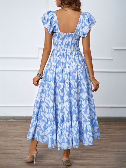 Womens Boho Print Midi Dress with Ruffle Sleeves & Pleated Skirt | Square Neckline | noémi