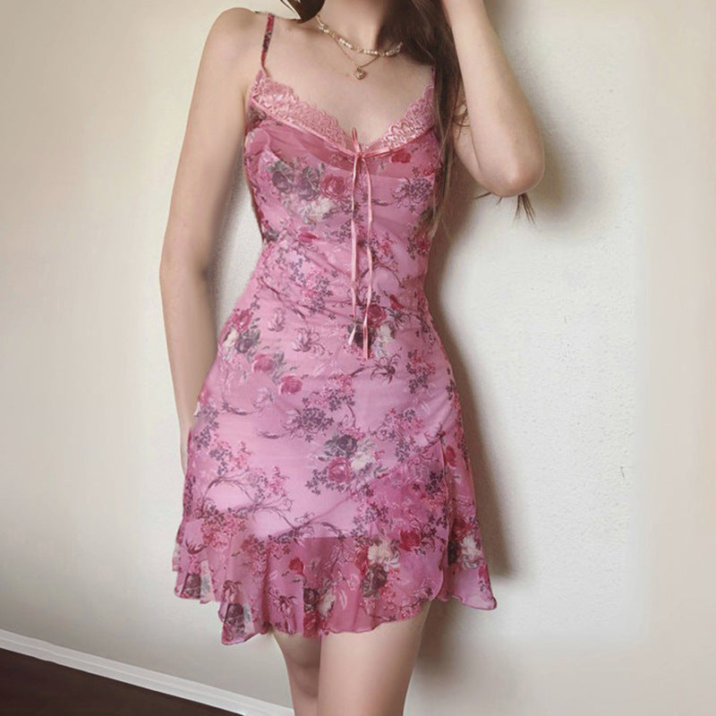 Lace Patchwork Dress | Retro VNeck Sling Dress | Irregular Hem | Floral Print Mini Dress | noémi