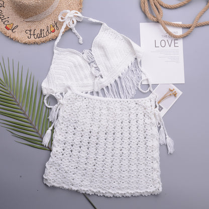 Retro Crochet Split Swimsuit with Halter Tassel Strap and A Line Beach Skirt Set | noémi