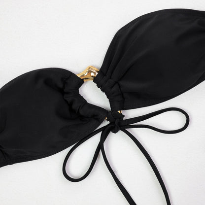 Tube Top Metal Buckle Bikini with Lace Maxi Dress Three Piece Set for Women | noémi