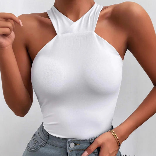 Women's White Cross Halter Backless Sleeveless Top | noémi