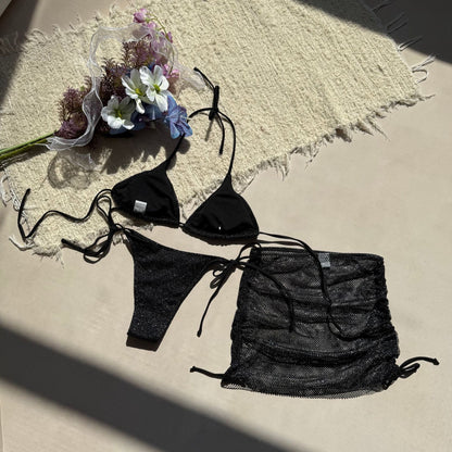 Lace Up Three Piece Split Bikini Swimsuit in Solid Color | noémi