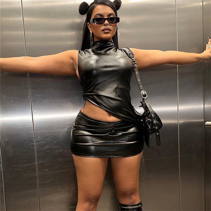 Faux Leather Two Piece Set | Sleeveless Cropped Top Pleated Skirt | noémi