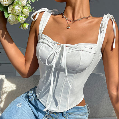 Corset Camisole Top | White Boned Bustier with Bow Tie Straps, Square Neckline Figure Hugging Fit | noémi