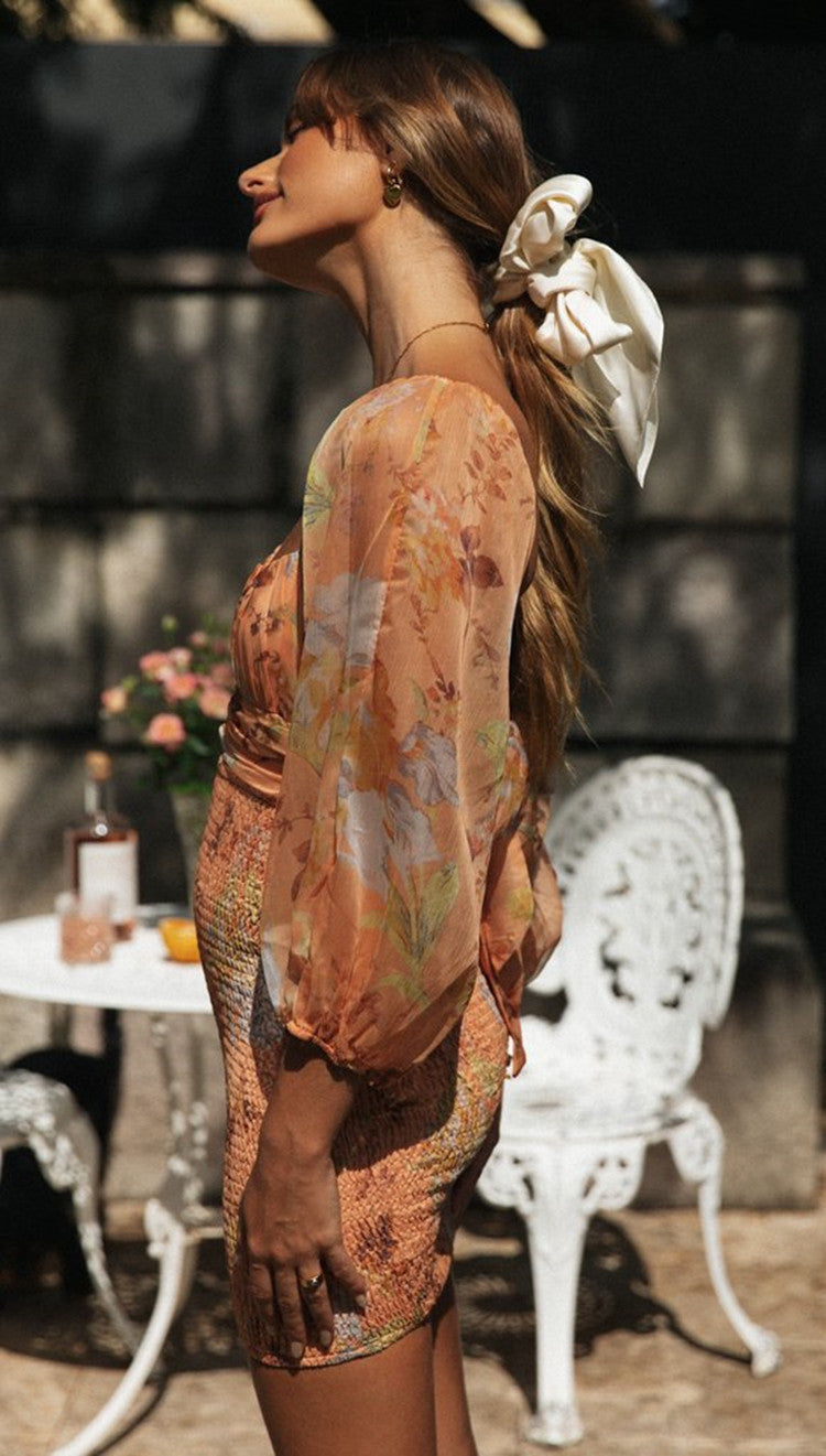 Printed Backless Smocked Sheath Dress | Lantern Sleeves, Lace Up, Floral Long Sleeve | noémi