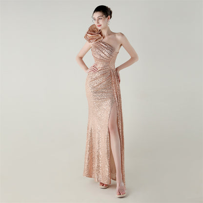 Womens One Shoulder Sequin Beaded Fishtail Gown | Floral Detail, Slim Fit | noémi