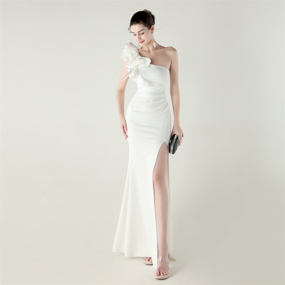 One Shoulder Floral Satin Gown | Beaded Ruffle High Slit | noémi